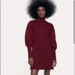 Zara Maroon Puff Sleeve Turtle Neck Sweater Dress